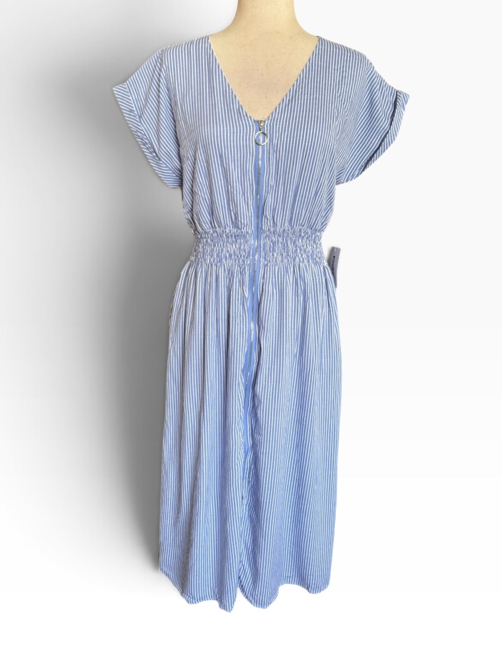 Kindred Blue Stripe V-Neck Smocked Waist Midi Dress